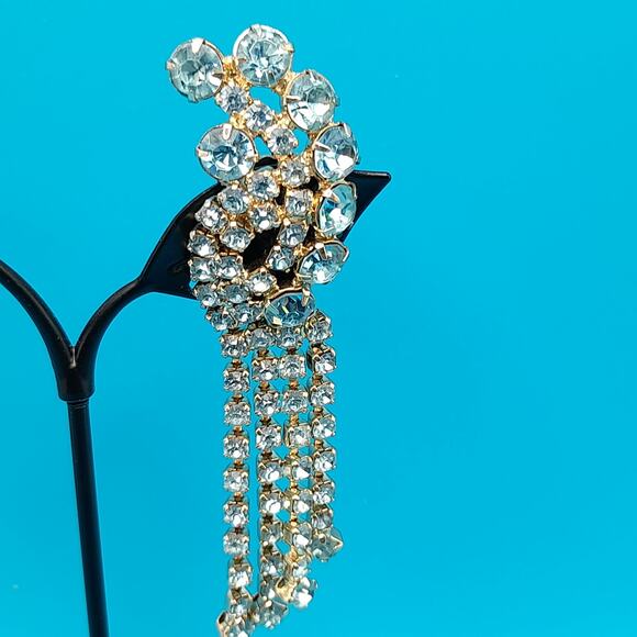 Vintage Blue Rhinestone Fringe Clip Earrings 3.25” Dangle 1960s main image 10